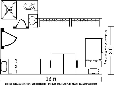 Blueprint-style floor plan of a shared bedroom measuring approximately 16 feet by 8 feet, with two beds along opposite walls, two desks in the center, closets along one wall, and a bathroom located in the upper-left corner near the entry door.