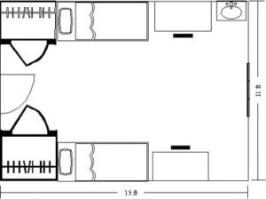 Blueprint-style floor plan of a shared bedroom measuring approximately 15 feet by 11 feet, with two beds along opposite walls, two desks along opposite walls, a sink, and 2 closets on opposite walls. 