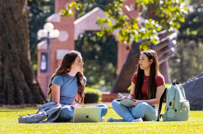 Female students seating in campus lawn reviewing a laptop