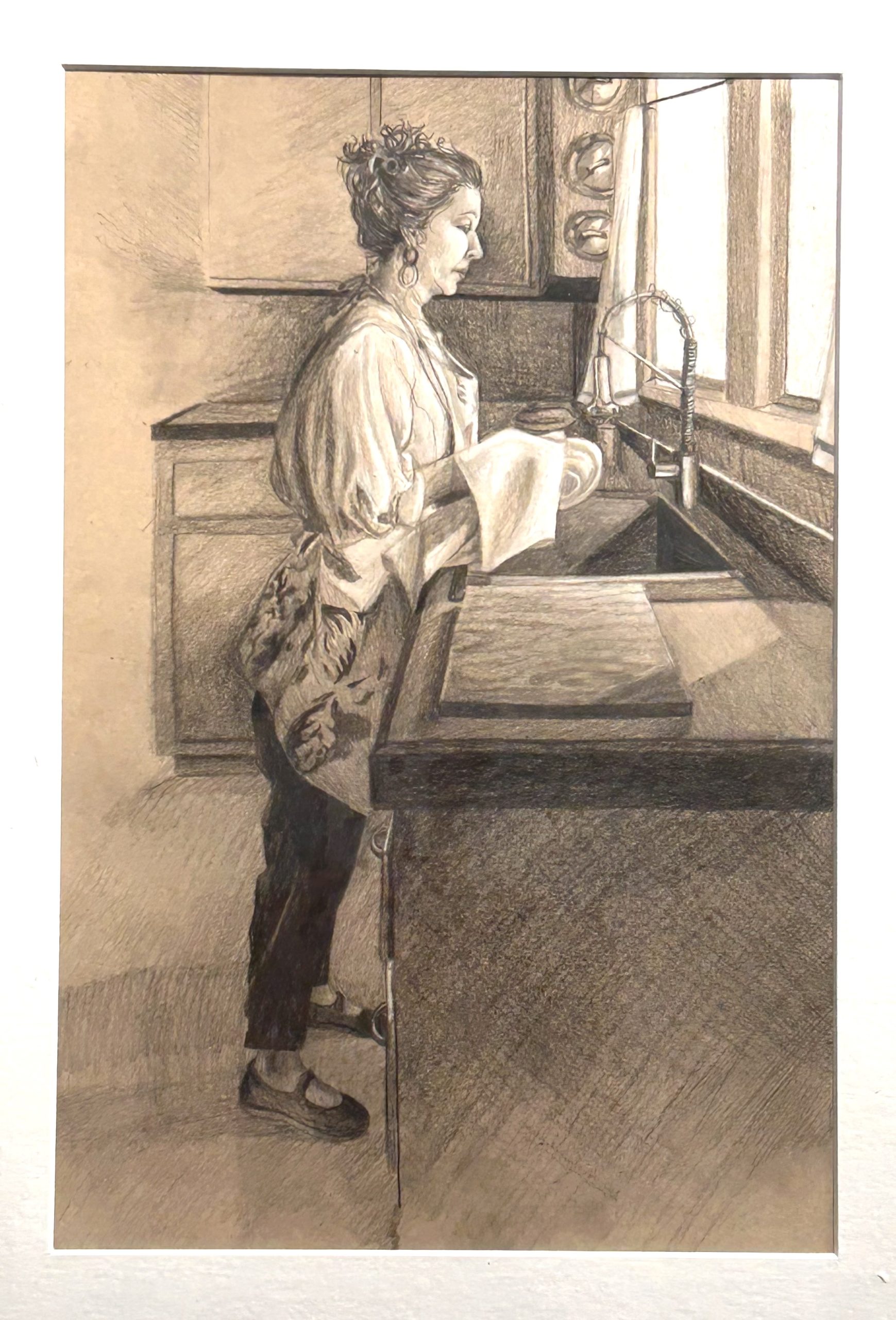 "Doing the Dishes"  - Graphite and White Charcoal on toned paper by Stella Duren